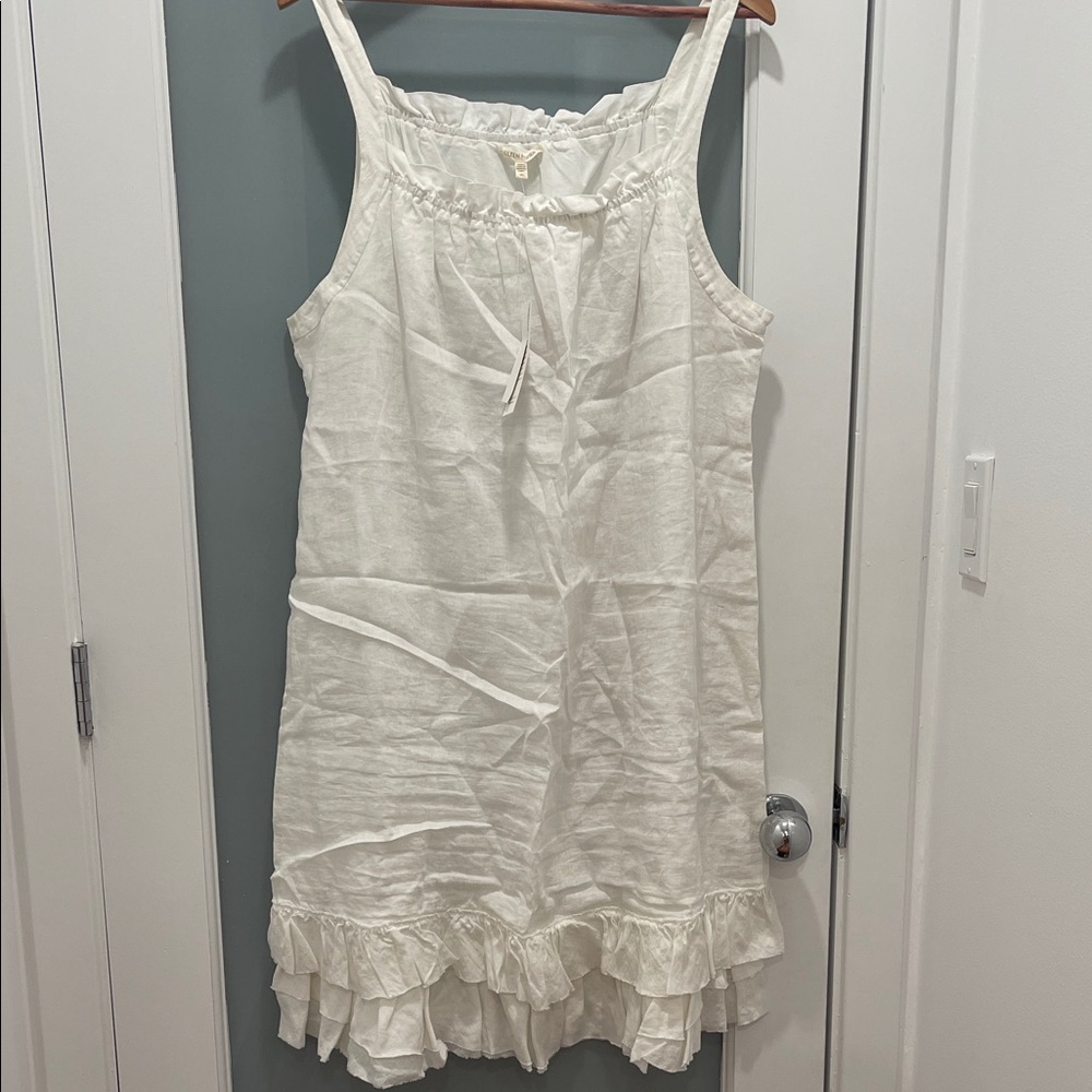 Eileen Fisher Irish LinenWhite Ruffled Sleeveless Dress